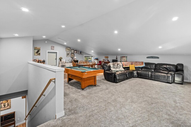 recreation room featuring bar area, recessed lighting, carpet floors, and vaulted ceiling