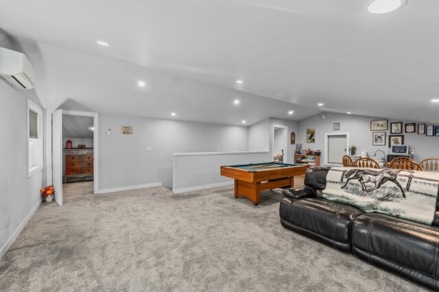 rec room featuring recessed lighting, carpet floors, pool table, a wall mounted AC, and lofted ceiling