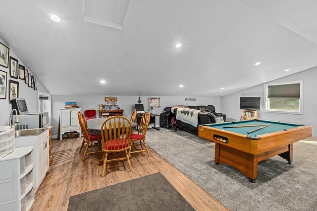 rec room featuring recessed lighting, light wood finished floors, vaulted ceiling, and pool table