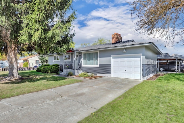 ranch-style house with a garage, a chimney, a front yard, and driveway