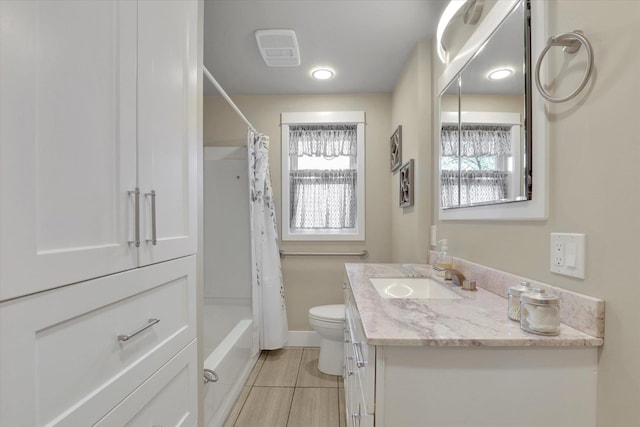 full bath featuring shower / tub combo, visible vents, toilet, tile patterned floors, and vanity