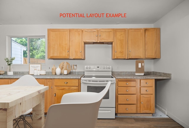 817 W Frederick Ave, Spokane, WA 99205 - kitchen featuring white electric range oven, dark wood-type flooring, light countertops, and baseboards