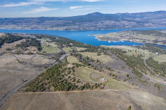 drone / aerial view with a water and mountain view
