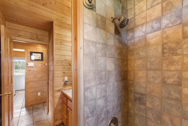 full bath featuring wood walls, walk in shower, and wood ceiling
