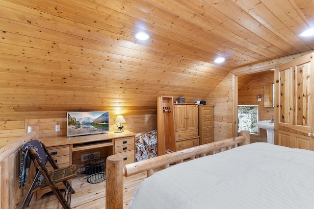 bedroom featuring light wood finished floors, recessed lighting, wooden walls, wood ceiling, and lofted ceiling