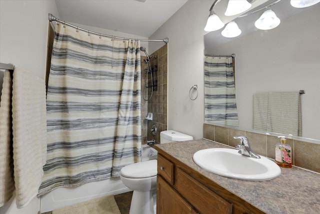 full bath featuring decorative backsplash, vanity, toilet, and shower / bath combination with curtain