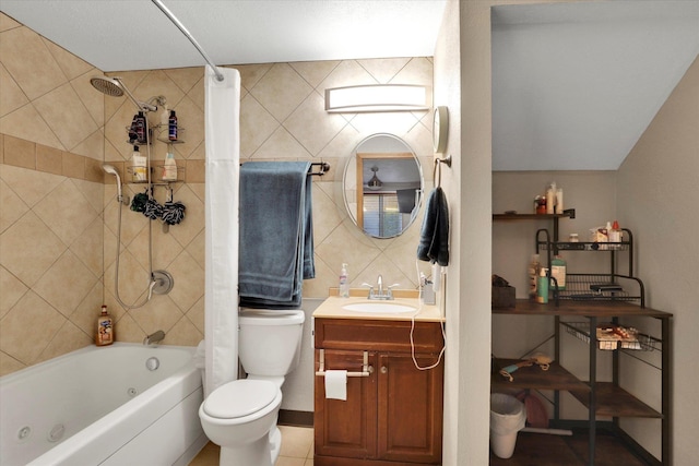 bathroom with shower / bath combination with curtain, toilet, and vanity
