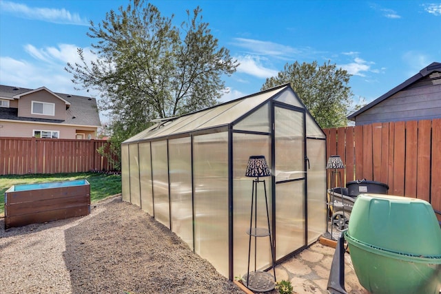 view of greenhouse with a fenced backyard