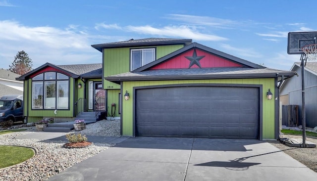 view of front of home with concrete driveway, an attached garage, and roof with shingles