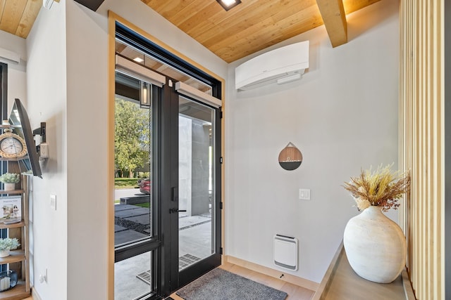 doorway to outside with wood ceiling, a wall mounted air conditioner, beamed ceiling, and baseboards