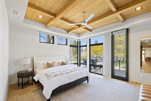 bedroom featuring visible vents, beamed ceiling, access to outside, and wood ceiling