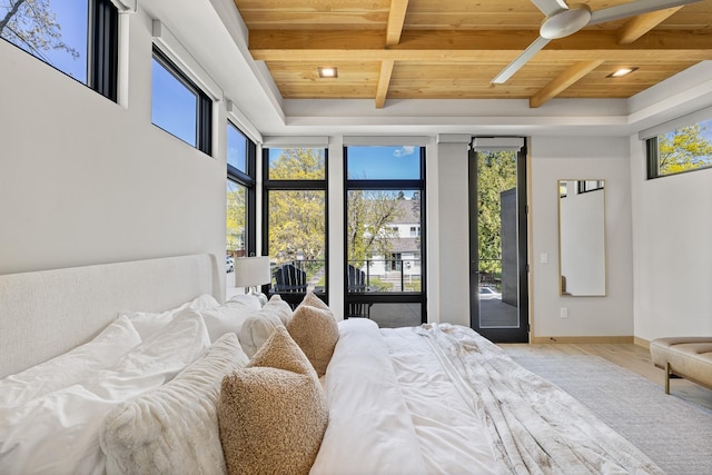 bedroom with wooden ceiling and multiple windows