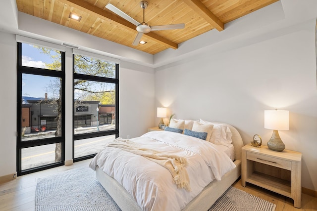 bedroom featuring beamed ceiling, wooden ceiling, light wood-style floors, a ceiling fan, and baseboards