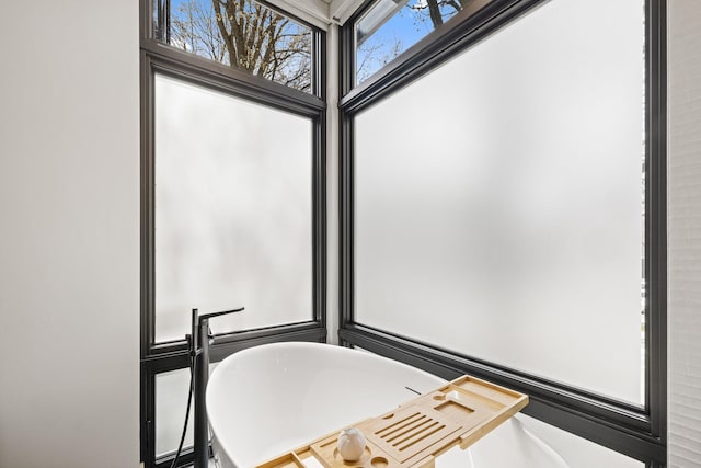 bathroom featuring a freestanding tub and a wealth of natural light