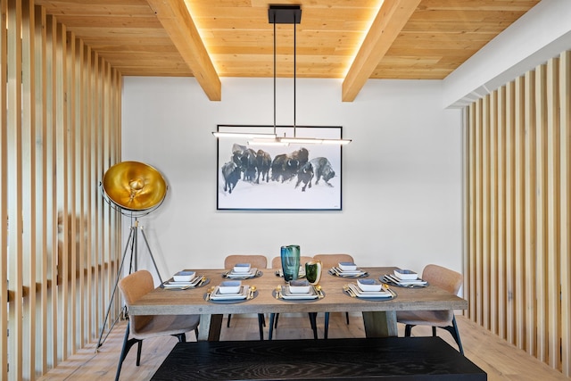 dining room featuring beamed ceiling, wooden ceiling, and wood finished floors