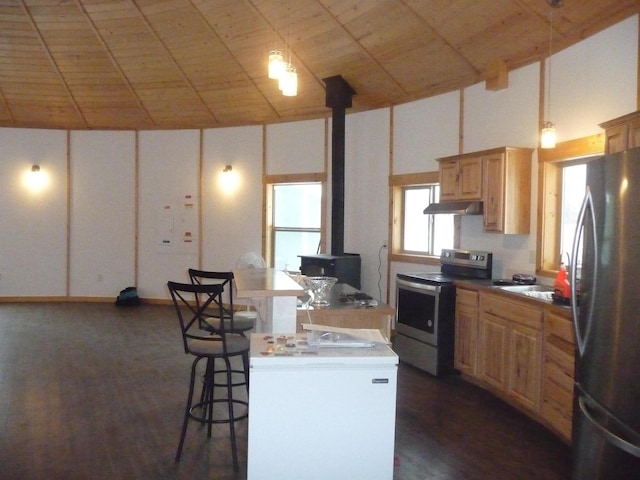 kitchen featuring appliances with stainless steel finishes, a wood stove, a breakfast bar area, high vaulted ceiling, and under cabinet range hood