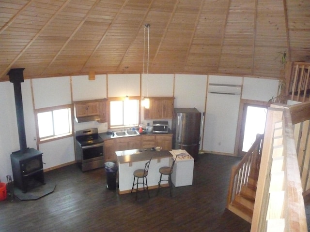 kitchen with appliances with stainless steel finishes, a sink, a wood stove, dark wood finished floors, and a wall mounted AC