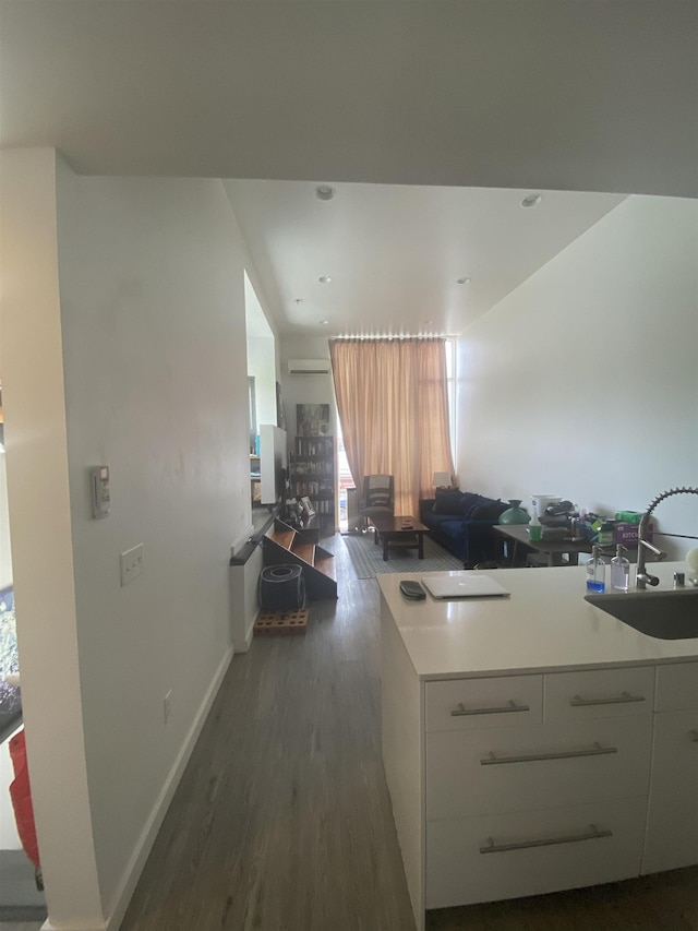 kitchen featuring white cabinets, light countertops, a sink, and dark wood-type flooring