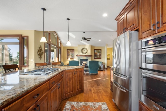 kitchen featuring a warm lit fireplace, appliances with stainless steel finishes, a ceiling fan, a healthy amount of sunlight, and wood finished floors