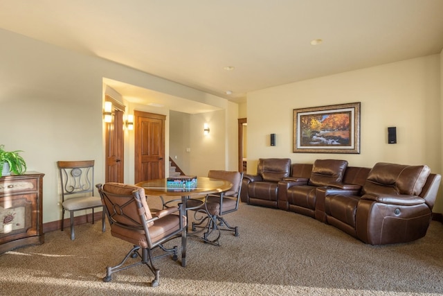 carpeted living room with stairs