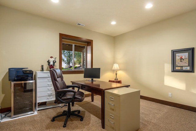 carpeted office featuring visible vents, recessed lighting, and baseboards