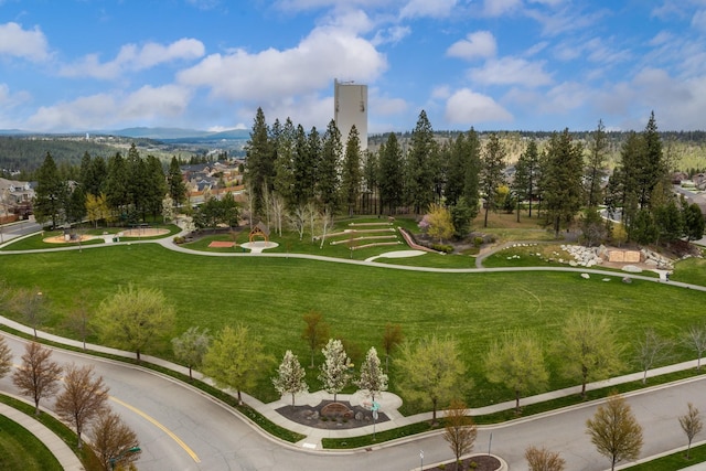 view of property's community with a mountain view and a yard