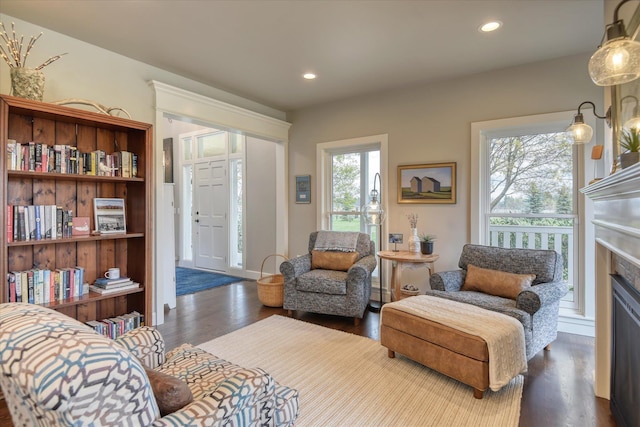 living area with a fireplace, recessed lighting, and dark wood-type flooring