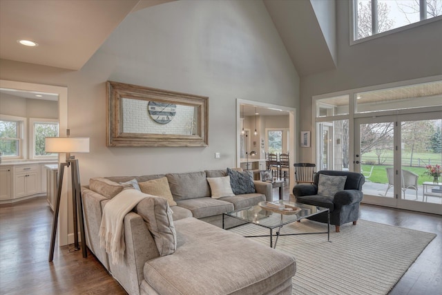 living area featuring recessed lighting, a high ceiling, wood finished floors, and a healthy amount of sunlight