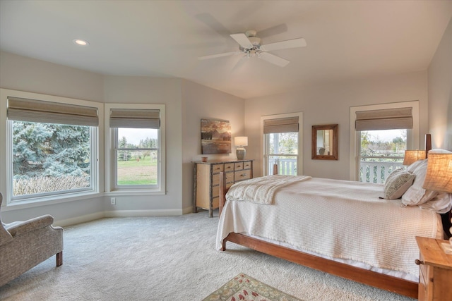 bedroom with baseboards, carpet, ceiling fan, and access to outside