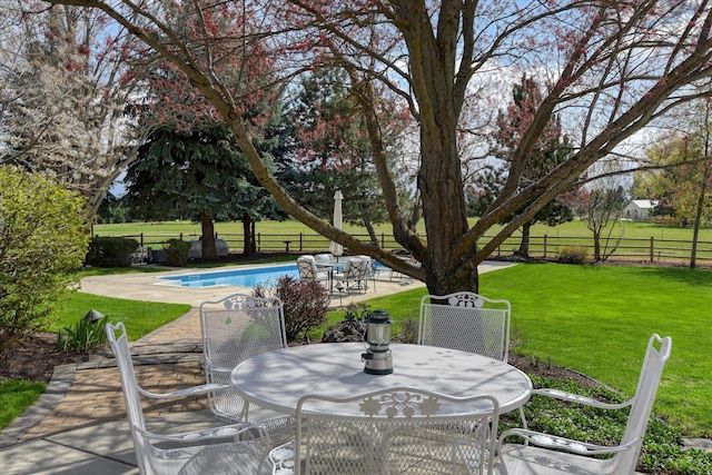 view of patio / terrace with a fenced in pool, outdoor dining area, and a fenced backyard