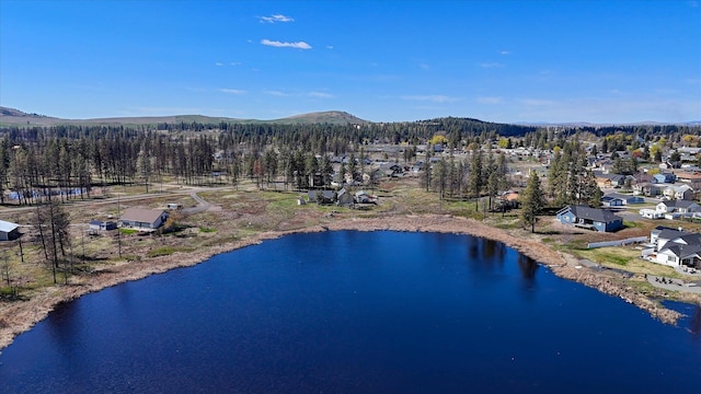 drone / aerial view with a water and mountain view and a residential view