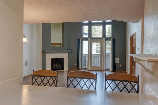 living room with visible vents, wood finished floors, and a premium fireplace