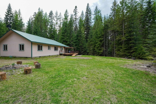 view of yard featuring a view of trees and a wooden deck