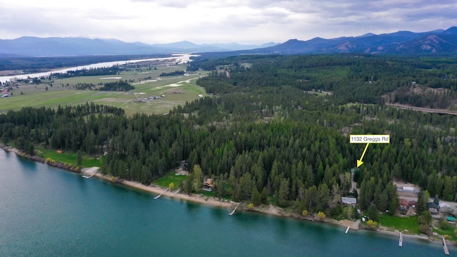 drone / aerial view featuring a water and mountain view and a wooded view