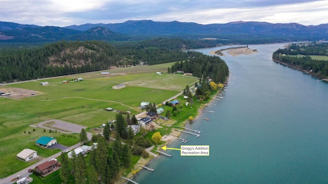 bird's eye view featuring a view of trees and a water and mountain view