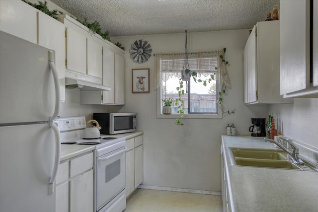 2121 E Upriver Dr # 19, Spokane, WA 99207 - kitchen featuring electric range, a sink, freestanding refrigerator, stainless steel microwave, and under cabinet range hood