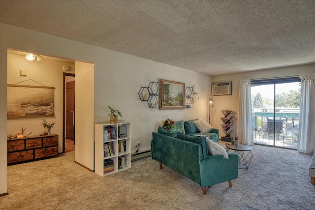 2121 E Upriver Dr # 19, Spokane, WA 99207 - living room with a wall mounted air conditioner, carpet flooring, and a textured ceiling