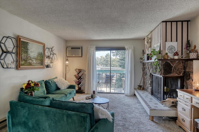 2121 E Upriver Dr # 19, Spokane, WA 99207 - living area with a textured ceiling, a stone fireplace, carpet flooring, and a wall mounted air conditioner