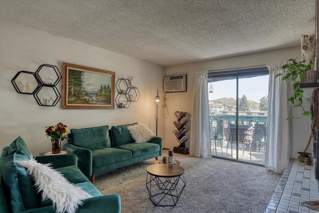 2121 E Upriver Dr # 19, Spokane, WA 99207 - carpeted living room with a textured ceiling and a wall unit AC