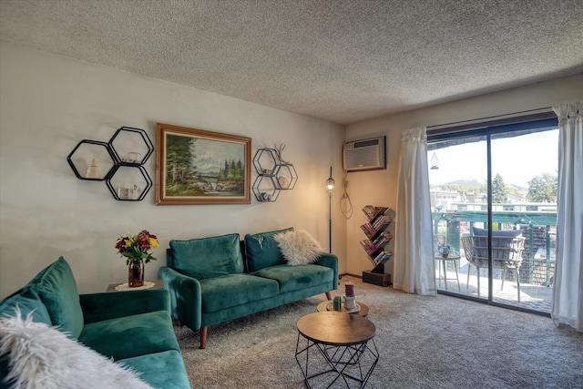 2121 E Upriver Dr # 19, Spokane, WA 99207 - living room featuring an AC wall unit, carpet, and a textured ceiling