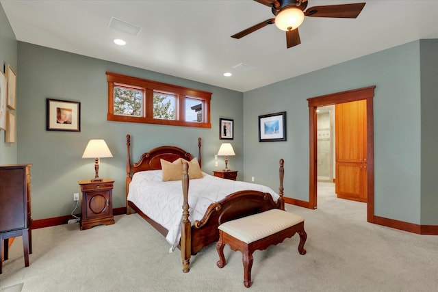 bedroom with baseboards, light carpet, a ceiling fan, and recessed lighting