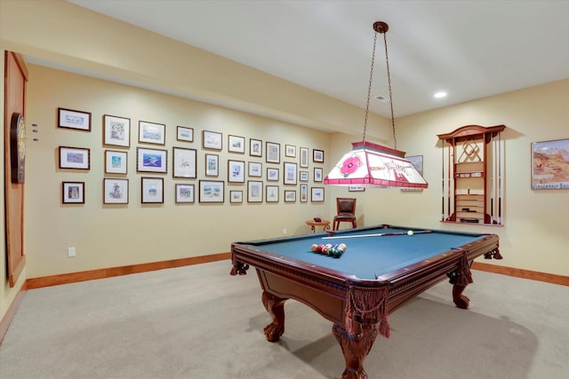 game room with carpet floors, recessed lighting, pool table, and baseboards