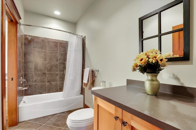 full bath featuring shower / bath combo with shower curtain, tile patterned flooring, vanity, toilet, and recessed lighting