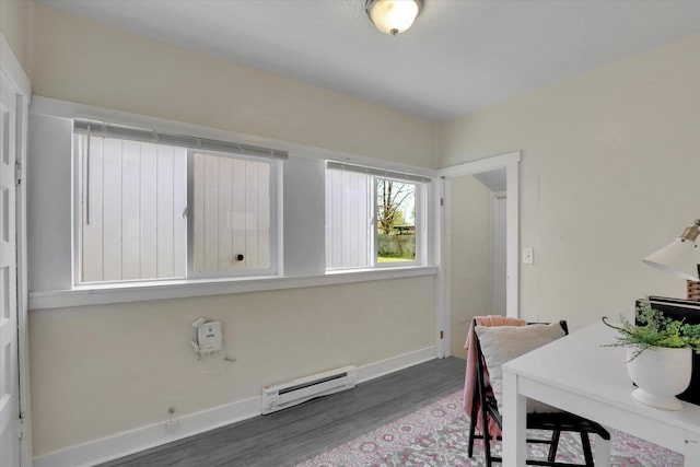 office featuring baseboards, wood finished floors, and a baseboard radiator