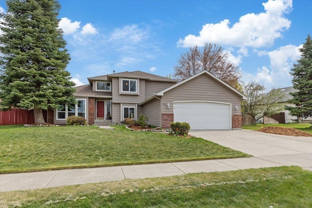 view of front of property with a garage, brick siding, fence, a front lawn, and concrete driveway
