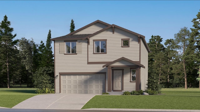 traditional home featuring an attached garage, concrete driveway, and a front lawn