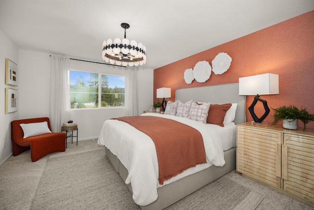 bedroom with carpet flooring, baseboards, and a notable chandelier