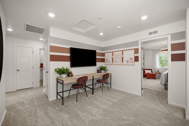 office space featuring carpet flooring, recessed lighting, baseboards, and visible vents