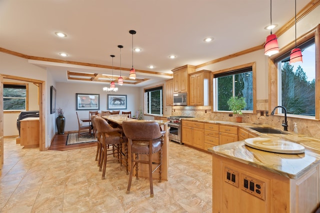 kitchen with a sink, appliances with stainless steel finishes, light brown cabinetry, and tasteful backsplash