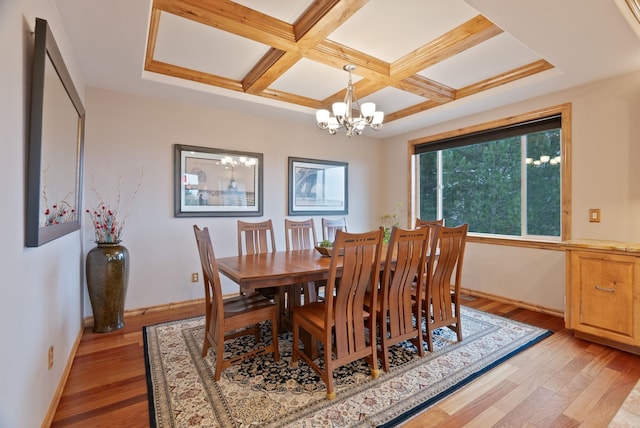 dining area featuring beamed ceiling, coffered ceiling, light wood finished floors, and a notable chandelier